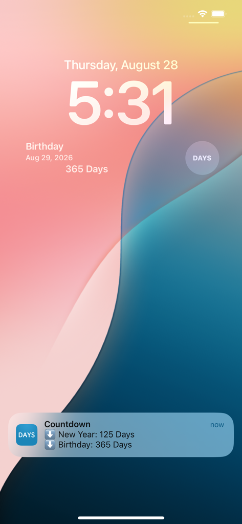 Pantalla de bloqueo de iPhone con widgets de cuenta atrás y notificaciones para un cumpleaños y Año Nuevo.