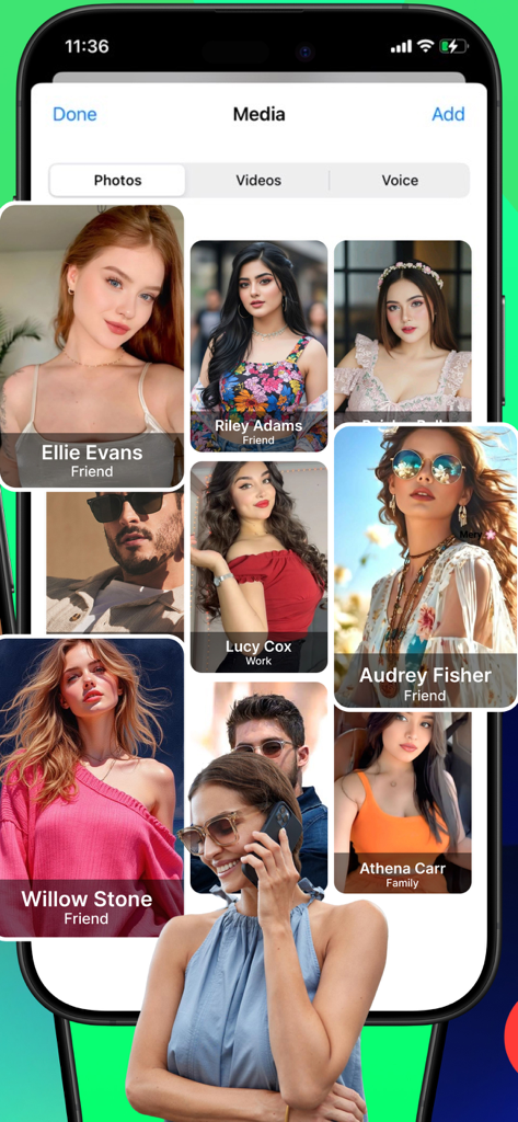 WhatsChat Pro - Pestaña multimedia de WhatsChat Pro mostrando contactos como una galería de fotos con etiquetas de categoría como Amigo Trabajo y Familia