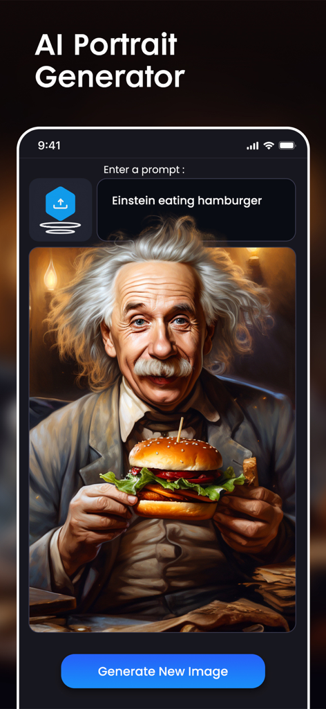AIポートレートジェネレーターアプリが、ハンバーガーを食べるアインシュタインの生成画像を表示