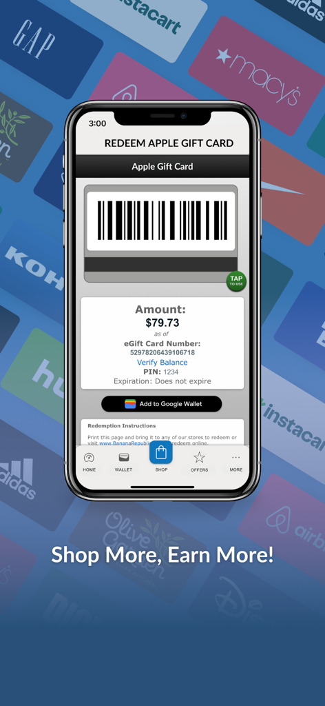 Tarjeta de regalo digital de Apple con saldo y código de barras dentro de la aplicación móvil Shopr Rewards