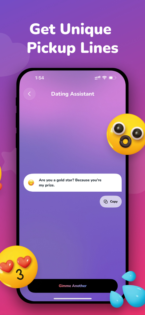 AI Dating Assistant & Rizz App - A smartphone screen displaying a pickup line from the AI Dating Assistant app with fun emojis