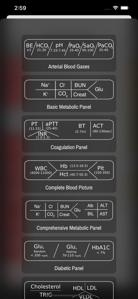 LabGear – Medical Lab Tests - Interface de l'application LabGear affichant les panels d'analyses médicales avec des diagrammes d'Ishikawa pour les gaz du sang, les bilans métaboliques et de coagulation.