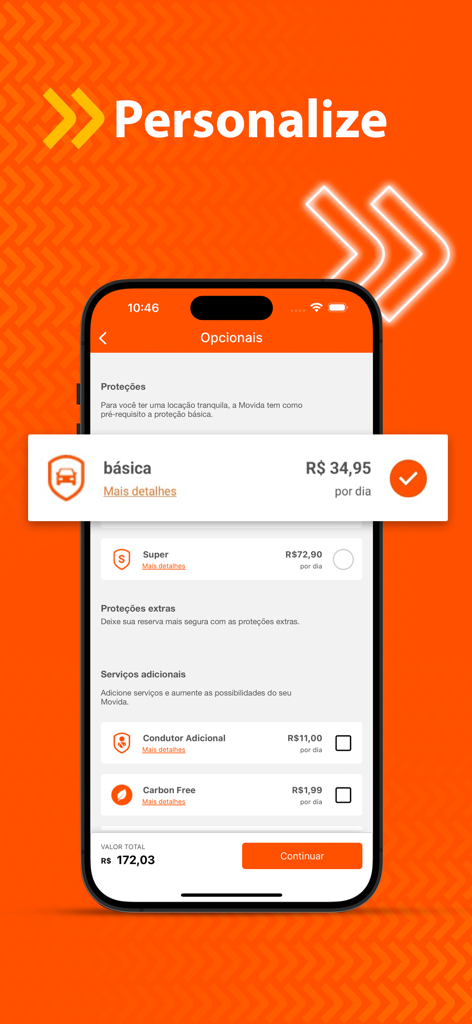 렌터카 옵션을 위한 Movida 앱 개인화 화면