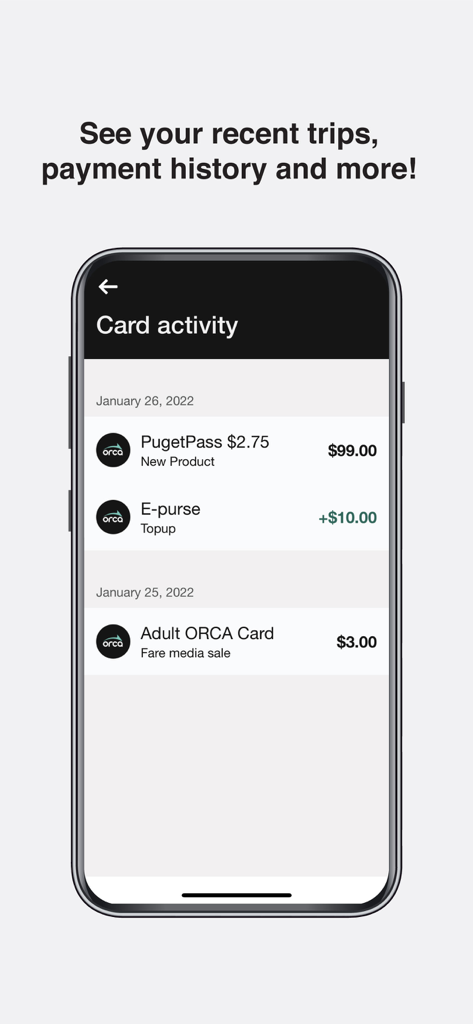 The card activity screen of the myORCA app displaying a list of transit pass purchases and e-purse top-ups.