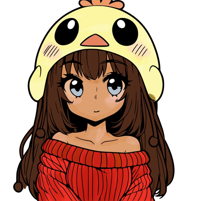 anime girl with chick shaped hat with sweater with bare shoulders with bangs covering them one eye with low tail