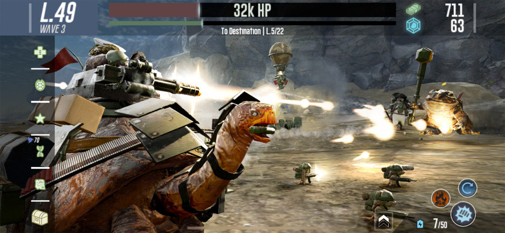 A War Tortoise firing a mounted machine gun in a desert battle alongside small animal soldiers.