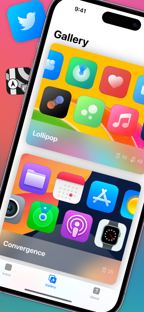 moloko app icon changer - Screenshot of the Moloko app icon gallery showing different aesthetic themes like Lollipop and Convergence for iPhone custom icons