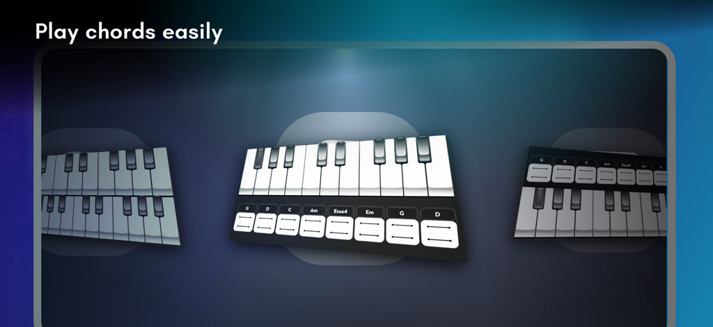 Real Piano app screen showing different keyboard layouts and buttons for easy chord playing