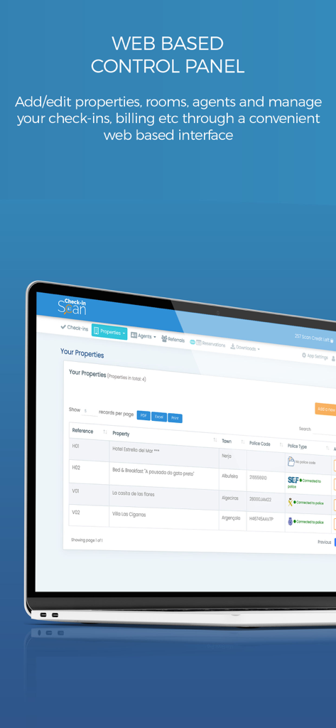 Laptop mostrando el panel de control basado en web de Escaneo de Check-in para la gestión de propiedades y el seguimiento del registro de huéspedes