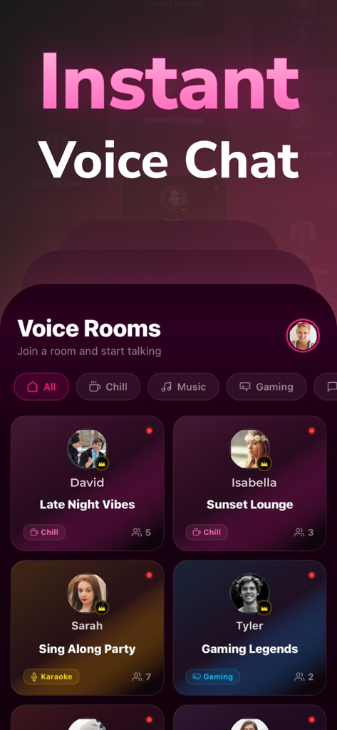 Pink Chat: Make New Friends - 핑크챗 앱 스크린샷에 잔잔한 음악 및 게임과 같은 카테고리가 있는 라이브 보이스 채팅룸이 표시됩니다