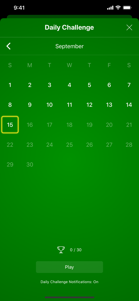 Solitaire The Game - A calendar view showing daily challenges for September in the Solitaire card game