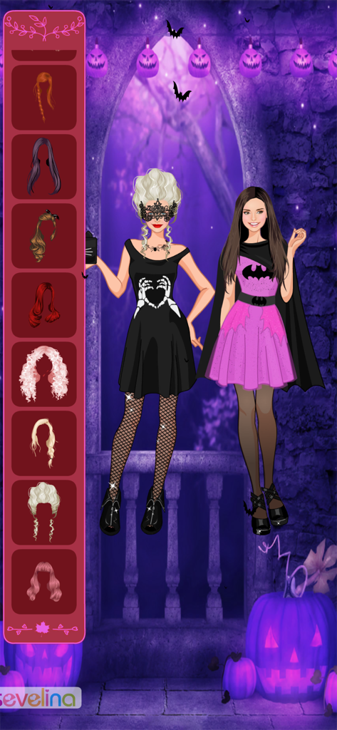 Two characters in Halloween costumes with a hairstyle selection menu
