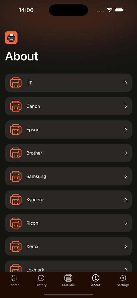 Bildschirm der mobilen App mit einer Liste unterstützter Druckermarken, einschließlich HP, Canon und Epson