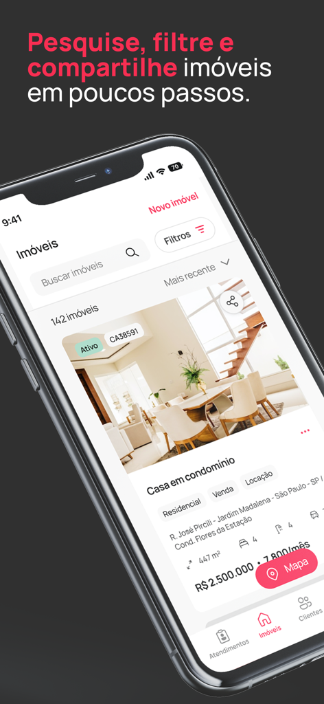 Kenlo Imob - Interface do aplicativo móvel Kenlo Imob mostrando uma lista de imóveis com opções de busca e filtro.