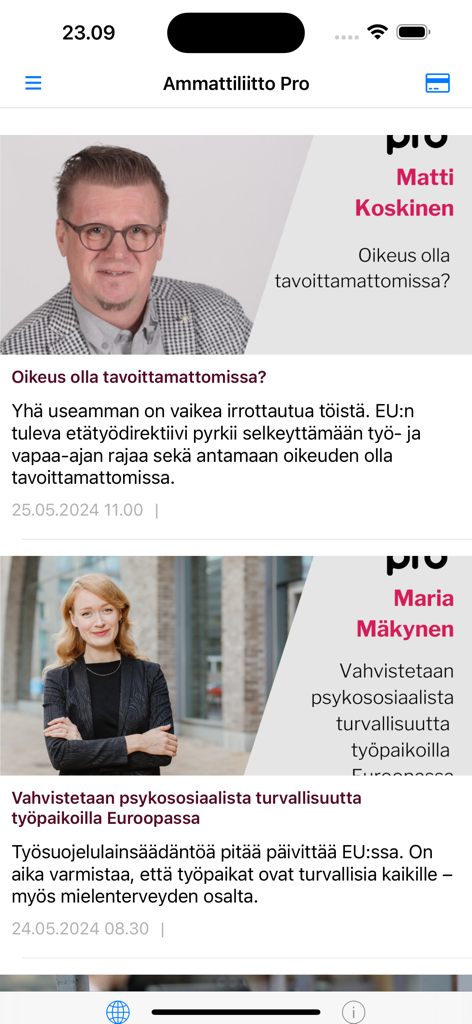 Ammattiliitto Pro - News feed of the Ammattiliitto Pro mobile app displaying articles about labor rights and workplace safety