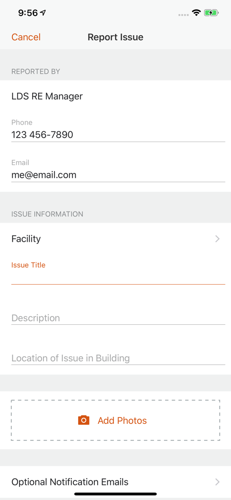 Facility Issue Reporting - Form for reporting a new facility issue in the FIR app