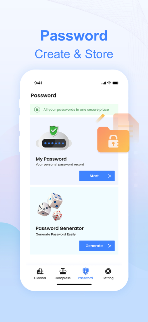 Interfaz de la aplicación One Cleaner que muestra funciones para el almacenamiento seguro de contraseñas y un generador de contraseñas.
