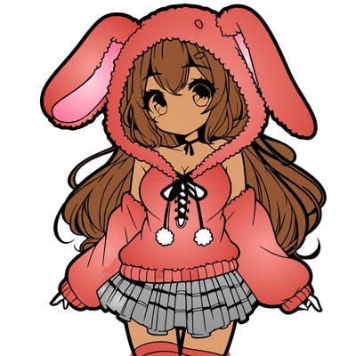 pretty anime girl wearing a fluffy hoodie with bunny ears on the hood and a skirt