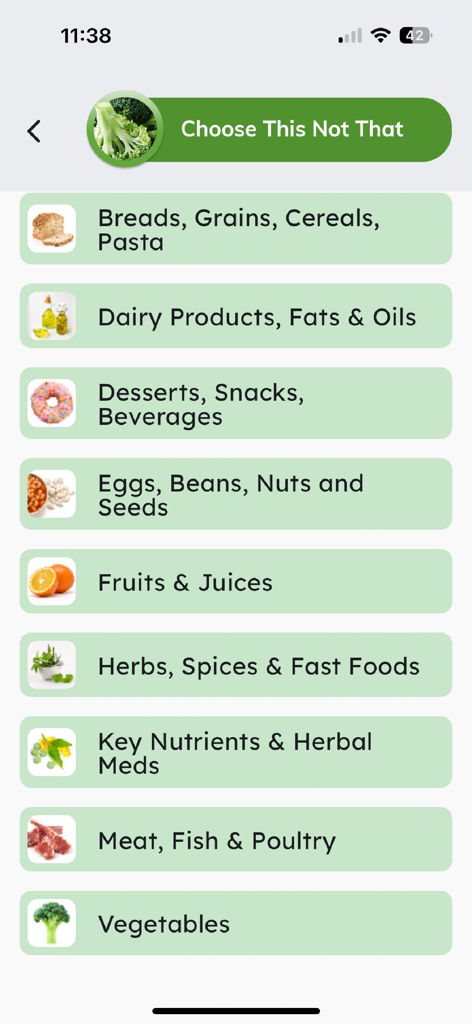 Gout + - Gout plus app screen showing a list of food categories for dietary recommendations