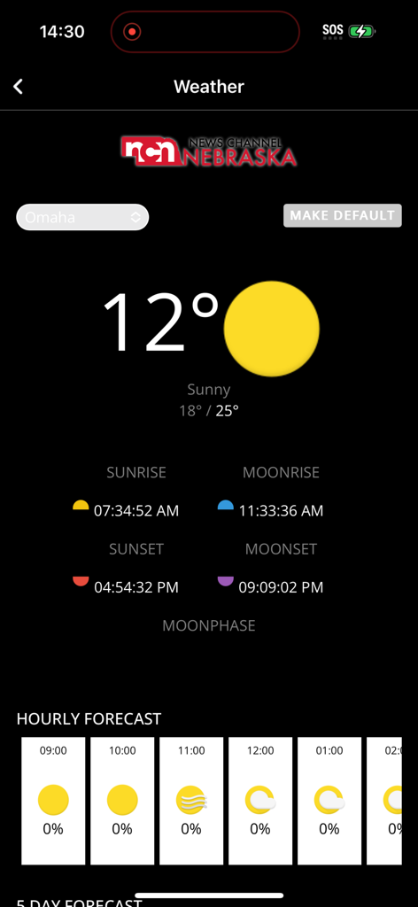 Weather forecast screen of the News Channel Nebraska app showing current temperature and hourly forecast for Omaha