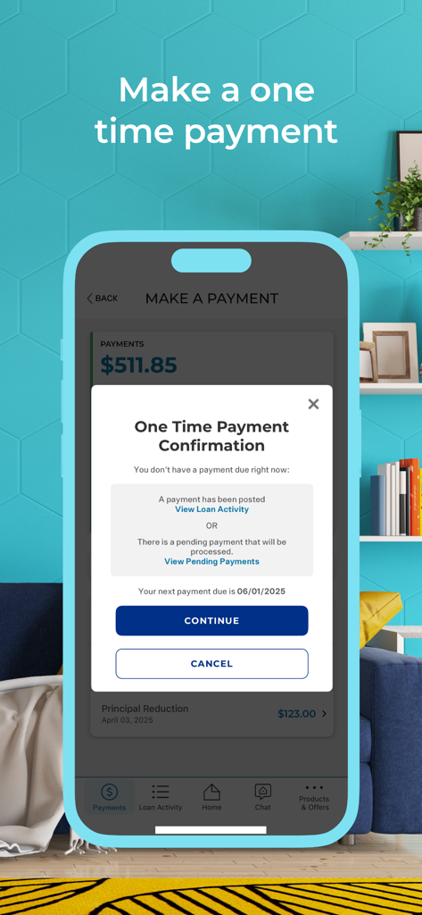 PENNYMAC MOBILE - Un smartphone que muestra la pantalla de la aplicación Pennymac Mobile para confirmar un pago hipotecario único.