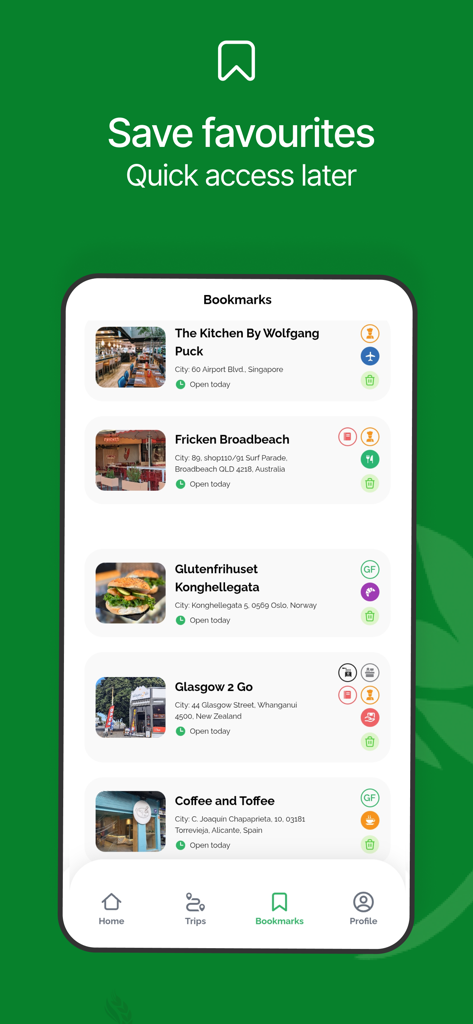 Lista de marcadores que muestra restaurantes sin gluten guardados de todo el mundo.