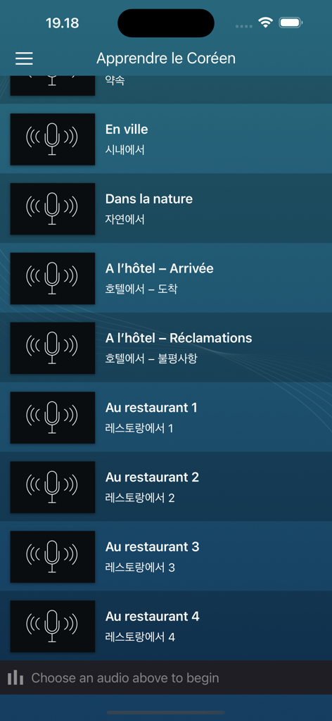 Apprenez le coréen facile - Interface exibindo lições em áudio de coreano em português para várias categorias da vida diária