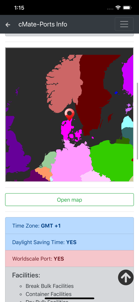 Screenshot of cMate-Ports Info displaying a port location map and technical details like time zone and facilities.