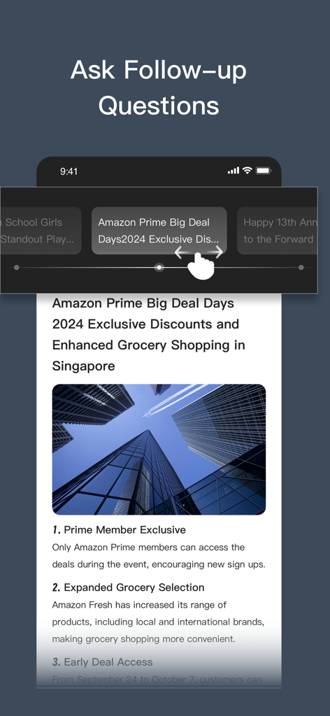 Lexi AI- Smart News Assistant - Interface of the Lexi AI app showing the Ask Follow-up Questions feature on a news summary