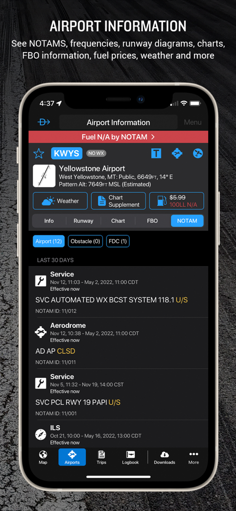 Aplicativo Garmin Pilot exibindo informações detalhadas do aeroporto e NOTAMs para o Aeroporto de Yellowstone
