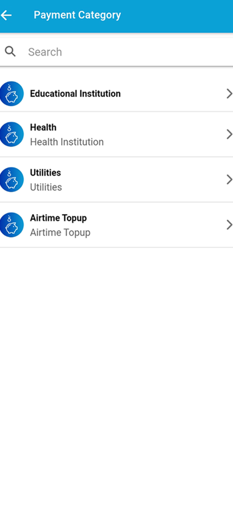 CMB Mobile App - Pantalla de categorías de pago de CMB Mobile App que enumera opciones para instituciones educativas, instituciones de salud, servicios públicos y recarga de tiempo aire
