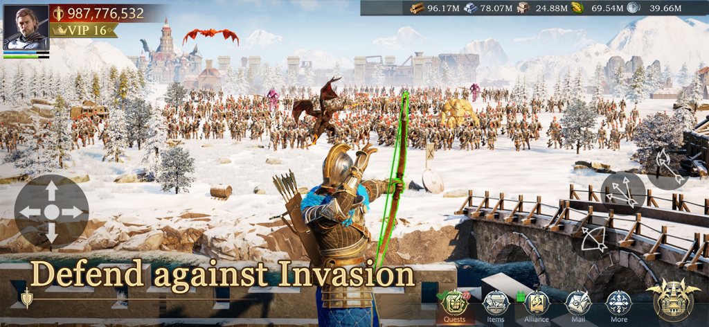 Game of Kings:The Blood Throne - An archer defending a castle from a massive invading army and dragons on a snowy battlefield.