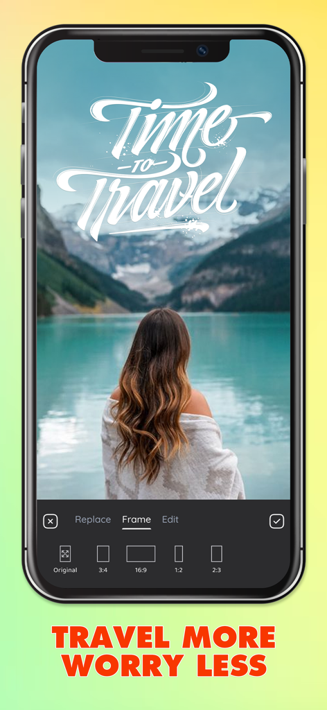 景色の良い山の湖の写真の上にスタイリッシュな「Time to Travel」のタイポグラフィが追加された「写真に文字を追加」アプリが表示されたiPhone画面。