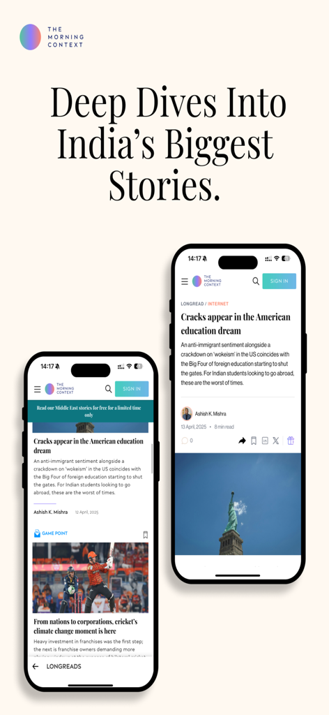 The Morning Context app interface on two smartphones displaying long-form news stories and business analysis.