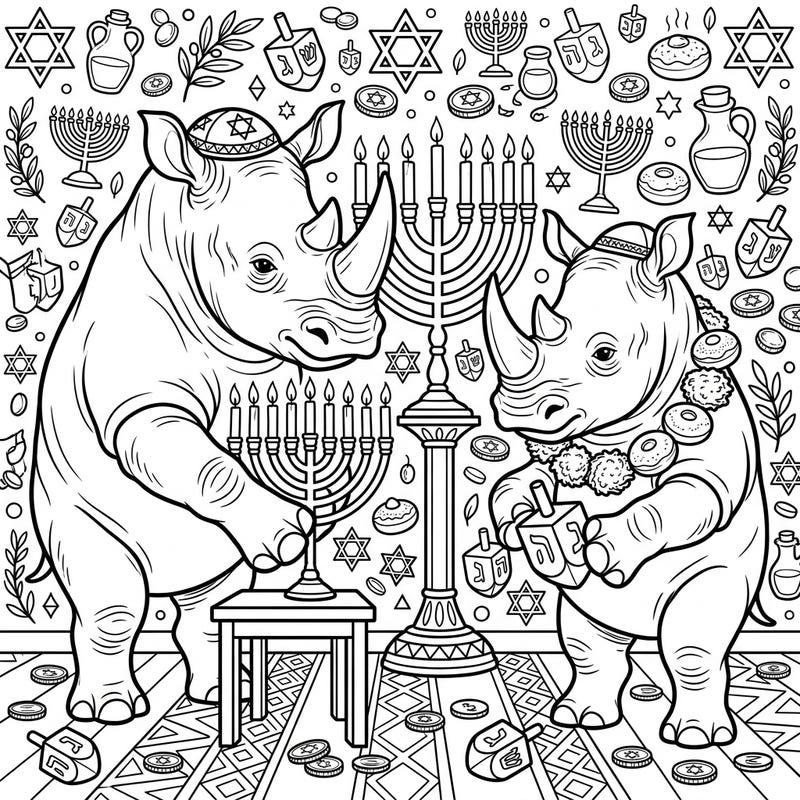 Dive into a unique Hanukkah celebration with our adorable rhinoceros coloring page. This intricate design brings together festive traditions and majestic animals for a joyful artistic experience.