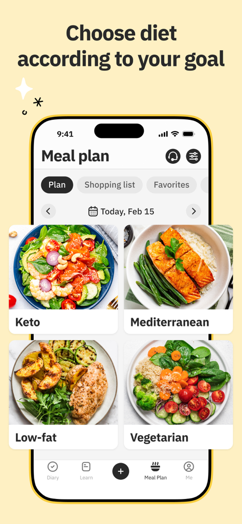 Unimeal: Fasting and Diet - Unimeal app screen showing meal plan options for Keto Mediterranean Low-fat and Vegetarian diets
