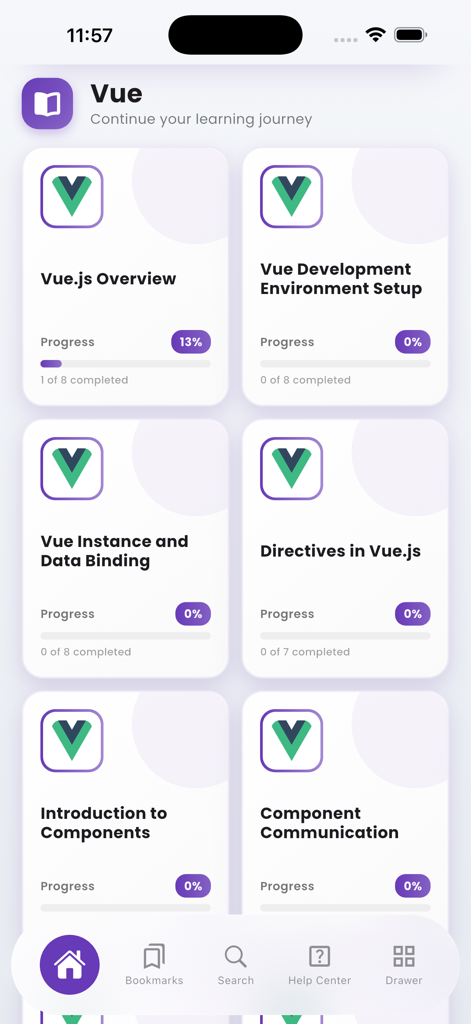 Learn Vue.js Complete Roadmap - Panel de la aplicación Learn Vue.js con una hoja de ruta de lecciones de programación con barras de seguimiento de progreso.