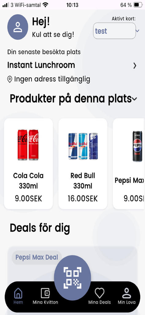 Tela do aplicativo móvel Lova mostrando um menu de produtos com bebidas e preços para um local de máquina de venda automática