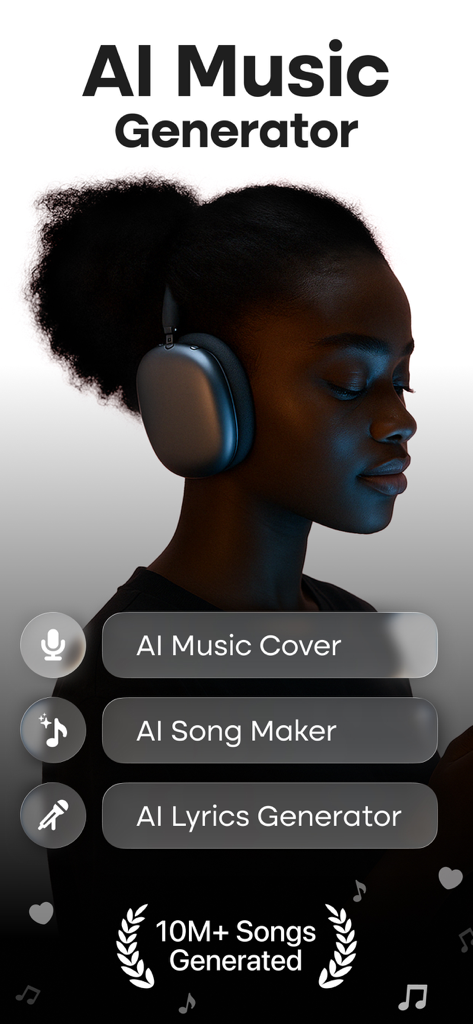 MyTunes : AI Music Generator - Pantalla de inicio de la aplicación MyTunes AI Music Generator con opciones de creador de canciones y generador de letras
