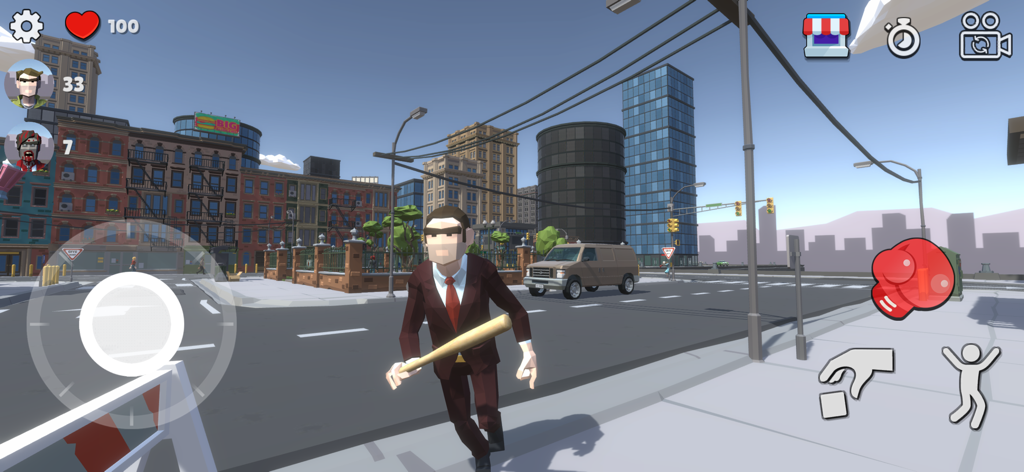 Sandbox City - A low poly character in a suit holding a baseball bat on an open world city street in Sandbox City.