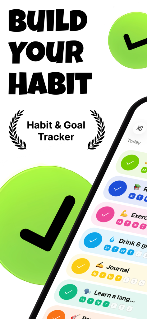 Habitz — Habit Tracker - Uno schermo mobile che mostra l'interfaccia dell'app Habitz con una lista di controllo giornaliera di obiettivi come esercizio fisico e journaling