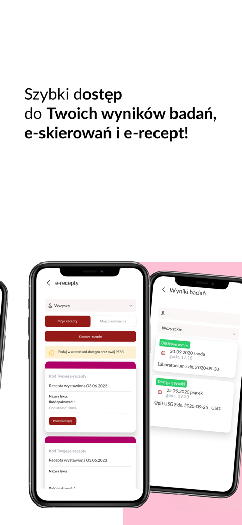 Portal Pacjenta CMP mobile app screens showing e-prescriptions and medical test results