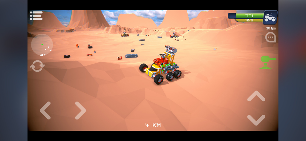 A custom built combat vehicle with weapons and multiple wheels driving through a desert landscape