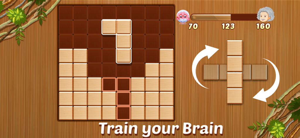 Wood Blast - Wood Block Puzzle - Wood Blast puzzle game interface with wooden blocks on a grid and brain training text