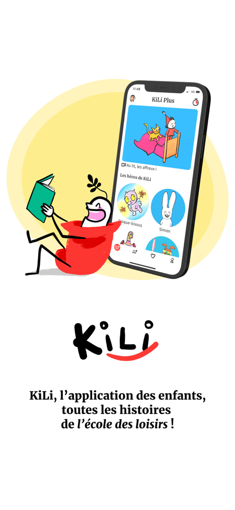 KiLi, l'appli des enfants - KiLi app interface displaying French children stories and famous characters from l'ecole des loisirs