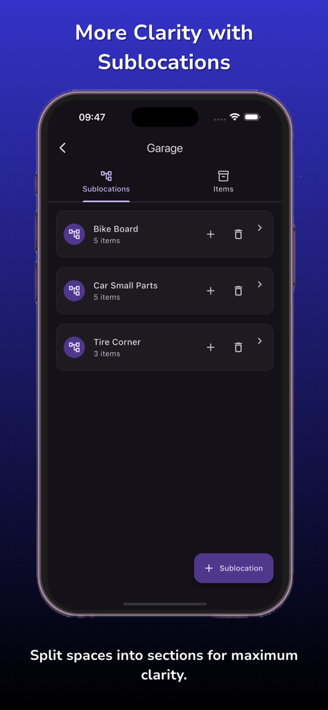 Sortly-Sorglos app interface showing the Garage sublocations including Bike Board and Tire Corner