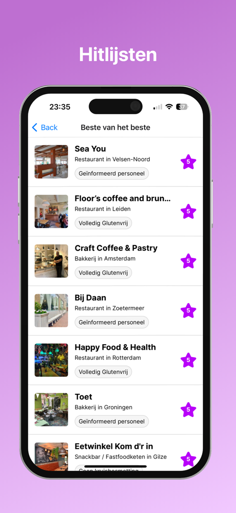 Glutenvrije Horeca - A list of top rated gluten free restaurants and cafes with five star ratings in the app