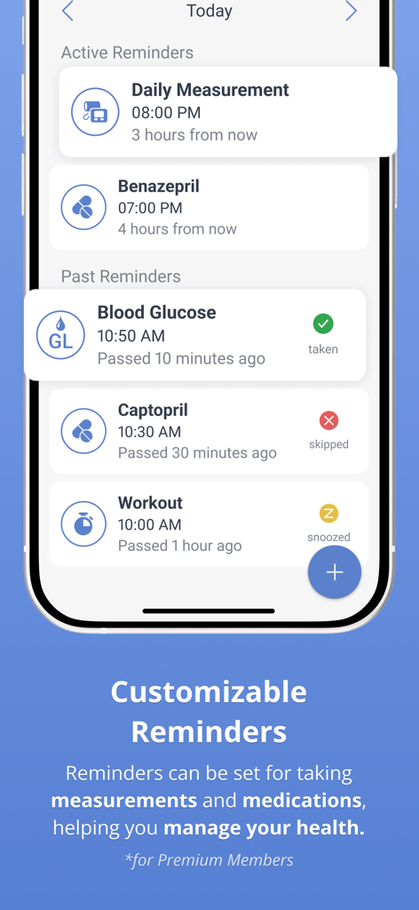 Health Diary by MedM - Interface of the Health Diary app showing customizable reminders for medications and vital sign measurements.