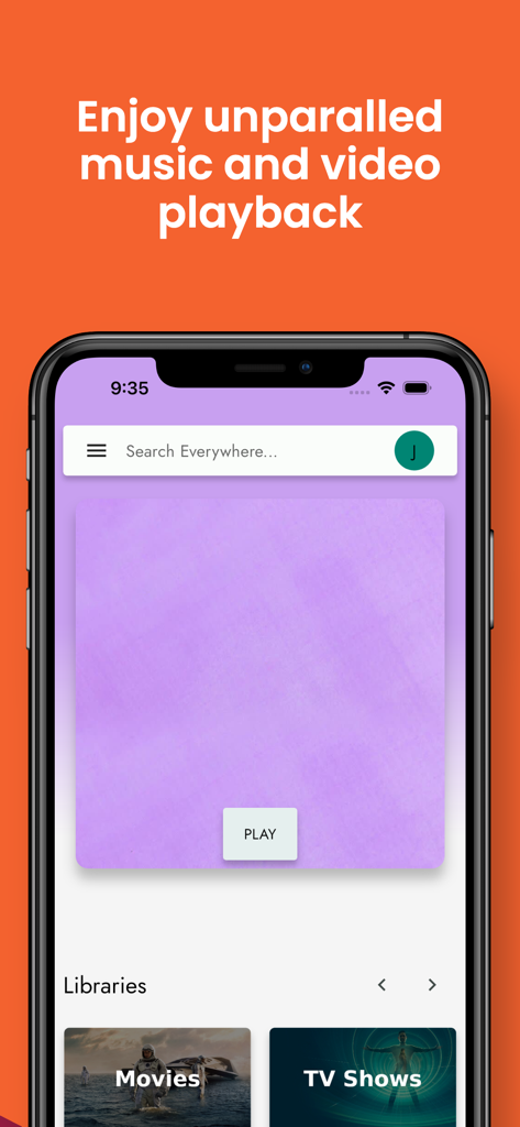 Phyn - Client for Jellyfin - Interfaz de la aplicación móvil Phyn que muestra opciones de reproducción de música y video para bibliotecas Jellyfin