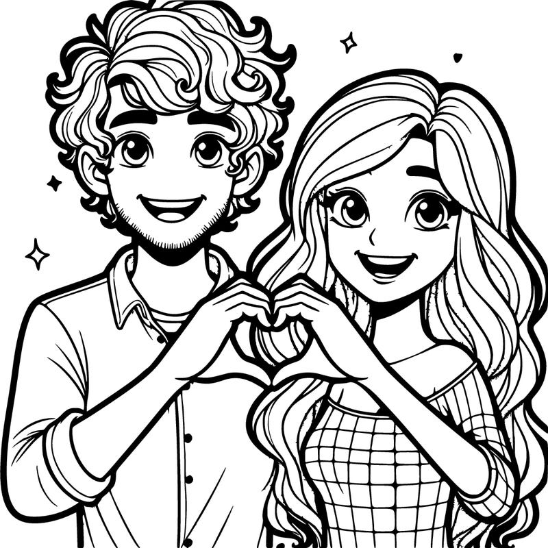 a guy with freckles and curly hair doing heart hands with his girlfriend with long wavy hair and they are both smiling
